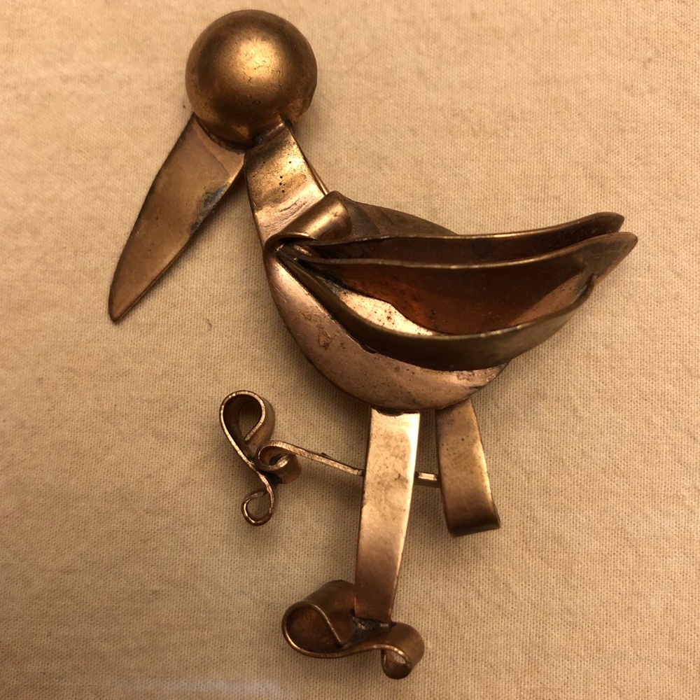 Vintage Copper Hand-Crafted Stork Brooch